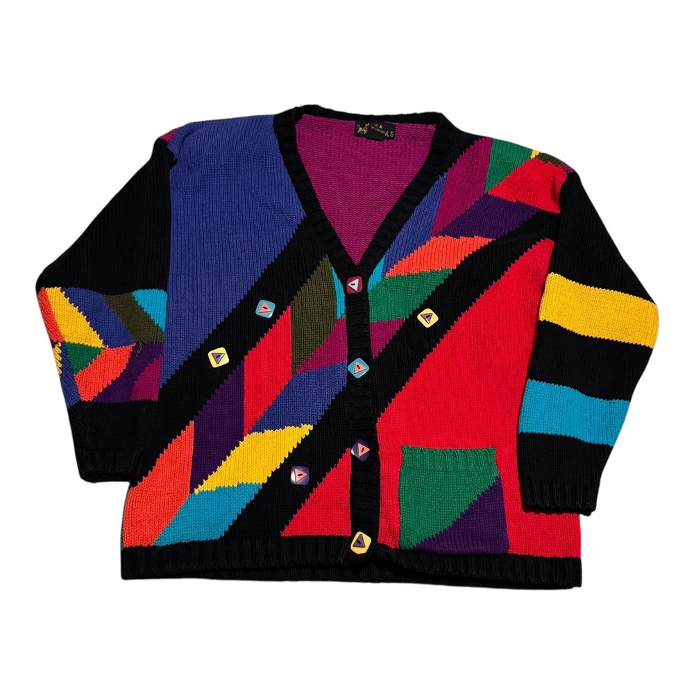 Vintage Lisa Nichols‎ 100% Cotton Multicolor Cardigan Sweater Women's M/L FLAWS